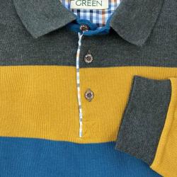 Sweat col boutonn&eacute; ray&eacute; bleu jaune et taupe - Made in Portugal S