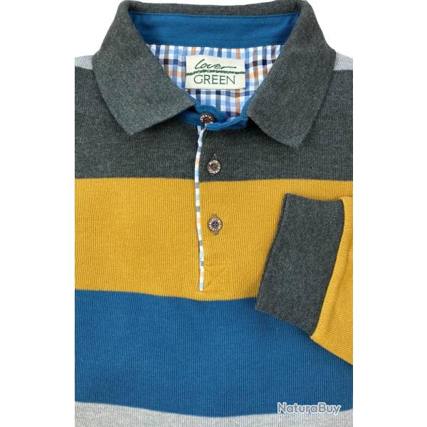 Sweat col boutonn� ray� bleu jaune et taupe - Made in Portugal L