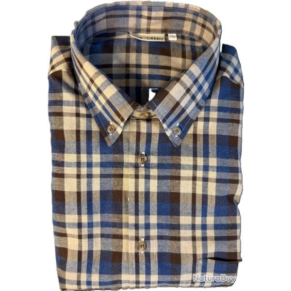 Chemise homme � carreaux bleu, gris et beige - col boutonn� L