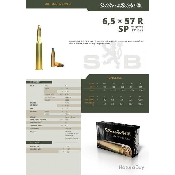 Cartouches Sellier Bellot calibre 6.5X57R 131gr