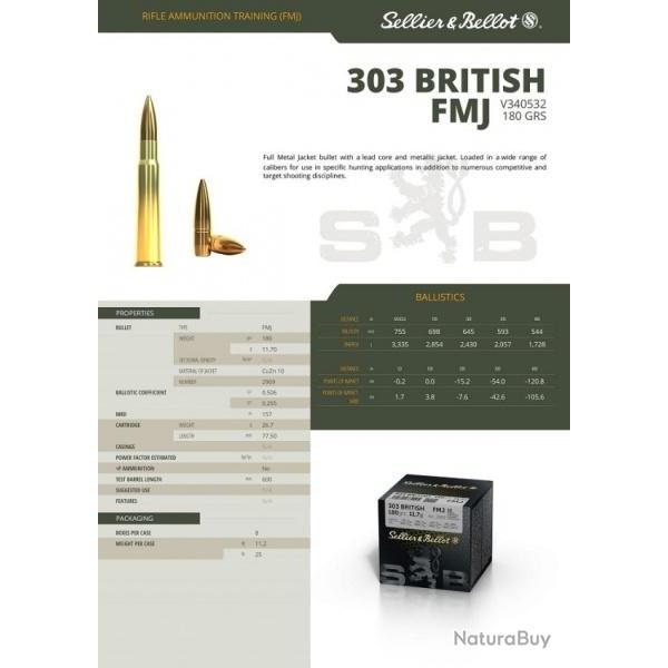 Cartouches Sellier Bellot calibre 303 Britsh FMJ 11.7 gr X50