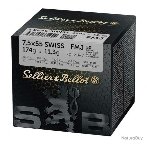 Cartouches Sellier Bellot calibre 7.5X55 Swiss FMJ 174 gr