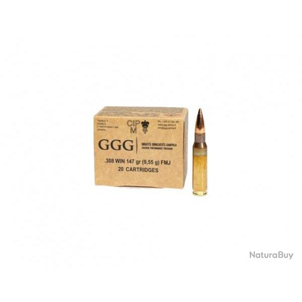 Cartouches GGG calibre 308 Win. 147grs 9,55g FMJ