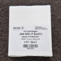 Munitions Swiss P Target cal. 308 W - 200 grs HPBT Match Subsoniques x 10