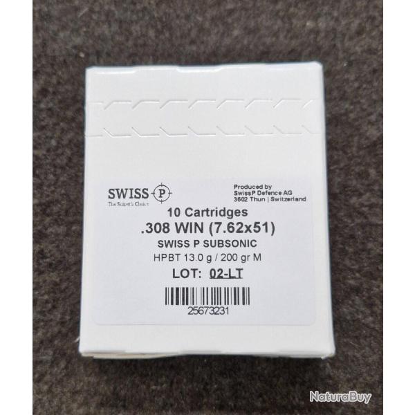 Munitions Swiss P Target cal. 308 W - 200 grs HPBT Match Subsoniques x 10