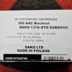 Munitions Sako M-LE cal 300 AAC BLK - 220 grs HPBT Match SUBSO x 30