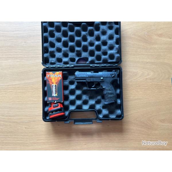 Pistolet Walther P22 Q Umarex 9 mm PAK, Comme neuf + 47 cartouches � blanc Titan + verrou de pontet