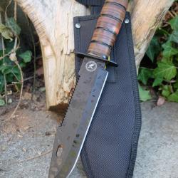 Couteau Tactical Marines Combat Fighting Lame Acier 3Cr13 Serr Black Manche Cuir Etui Style Ka-bar