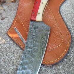 Couteau Lame Cleaver Acier Damas Martel&eacute;e 256 Couches Manche Bois/OS Beau Etui Cuir Fab Artisanale