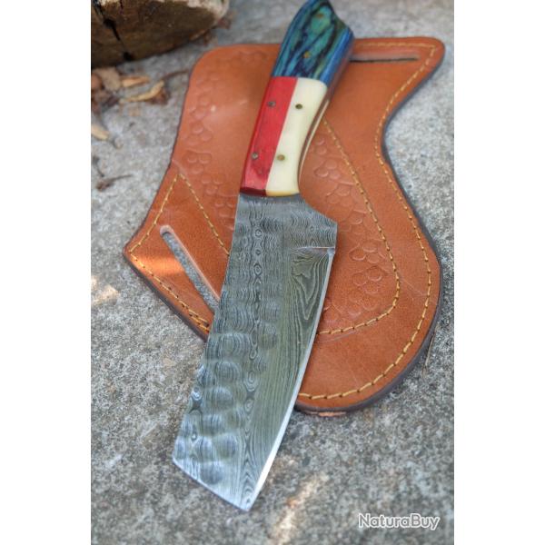 Couteau Lame Cleaver Acier Damas Martel�e 256 Couches Manche Bois/OS Beau Etui Cuir Fab Artisanale