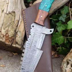 Couteau de Chasse Trakker Damas Lame 256 Couches Manche Bois & R&eacute;sine Fabric Artisan Etui Cuir