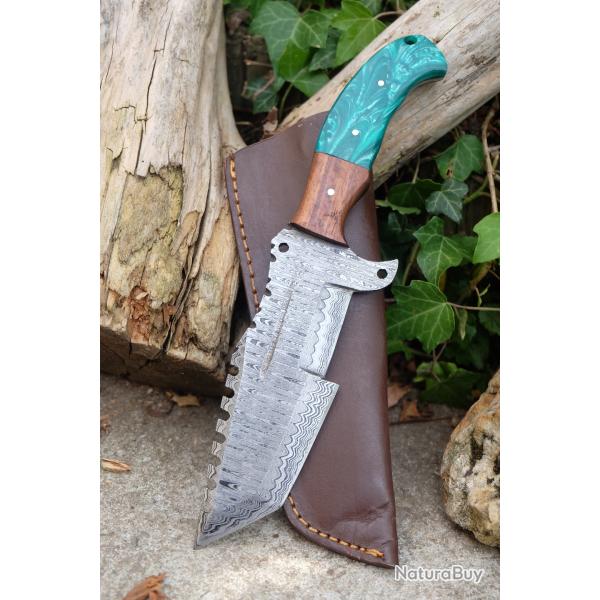 Couteau de Chasse Trakker Damas Lame 256 Couches Manche Bois & R�sine Fabric Artisan Etui Cuir