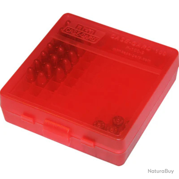 Bo�te de rangement MTM compartiment�e pour 100 cartouches calibre 9mm / .380 Rouge clair
