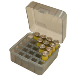 Bo&icirc;te de rangement MTM compartiment&eacute;e pour 25 cartouches calibre  12 / 16 / 20 Fum&eacute;e transparente