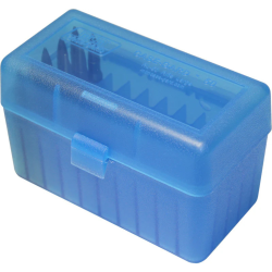 Bo&icirc;te de rangement MTM compartiment&eacute;e pour 50 cartouches calibre .243 / .308 / .220 Bleu clair