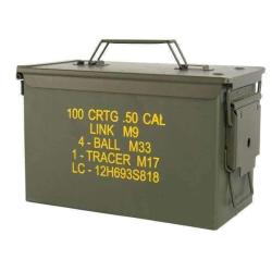 Caisse &agrave; munitions Mil-Tec type US M2A1 en acier DC01 calibre .50 avec poign&eacute;e et m&eacute;canisme de verro