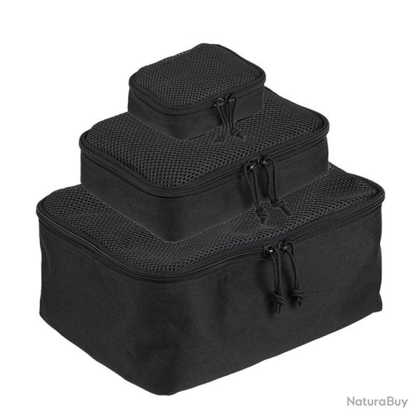 Lot de 3 pochettes de rangement Mil-Tec � couvercle mesh polyester PVC avec fixation MOLLE Noir