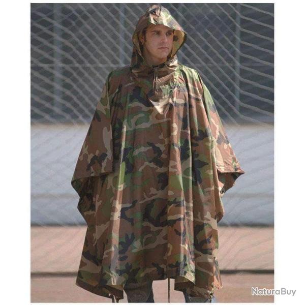 Poncho Mil-Tec type US Army en polyester 210T ripstop enduit polyvinyle colonne d'eau 5000 mm Woodla