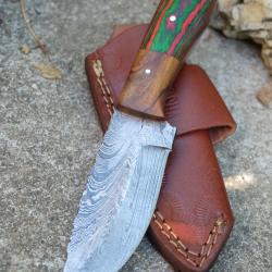 Couteau Skinner Lame Acier Damas 256 Couches Manche 2 Bois Etui Cuir Port Horizon Fab Artisanale 03