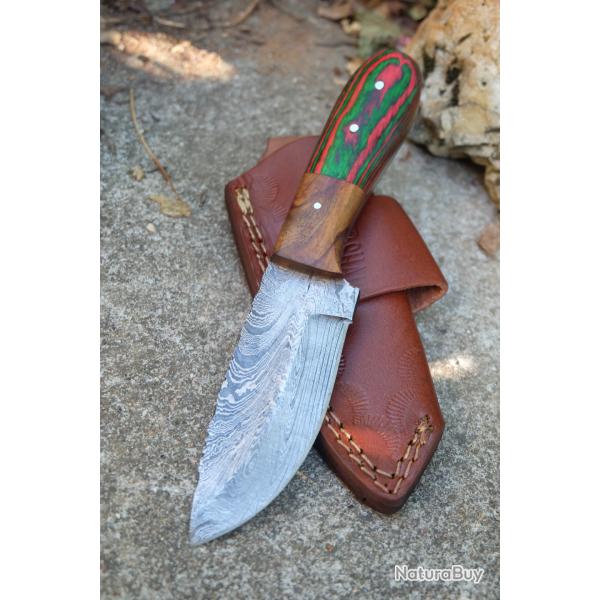 Couteau Skinner Lame Acier Damas 256 Couches Manche 2 Bois Etui Cuir Port Horizon Fab Artisanale 03