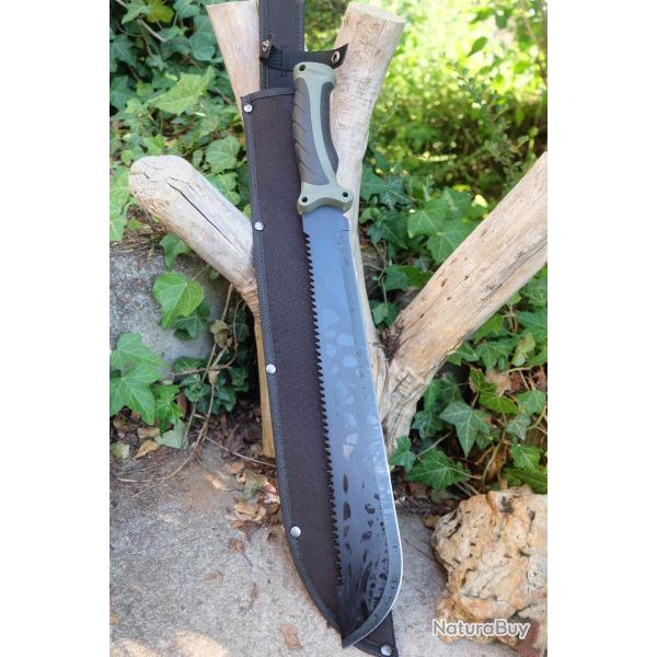 Couteau Bowie Machette Guide d'Amazonie Lame Acier 3Cr13 Manche ABS Black & Green Etui Nylon