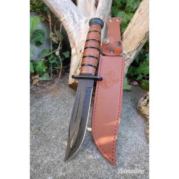 Couteau Tactical Marines Combat Short Lame Acier 3Cr13 Manche Cuir Etui Cuir Style Ka-bar
