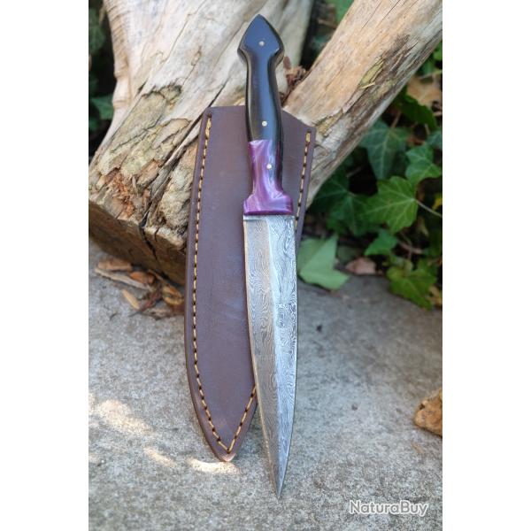 Couteau Dague Damas Lame 256 Couches Manche Corne & R�sine Etui Cuir Fabric Artisanale