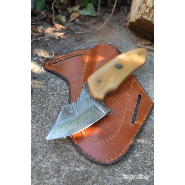 Couteau Kiridashi Lame Skinner Acier Damas 256 Couches Manche Os Beau Etui Cuir Fab Artisanale