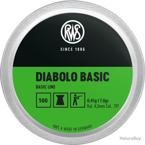 Plombs RWS Diabolo Basic, calibre 4.5 mm 0.45g par 50 boites ( 25 000 plombs )