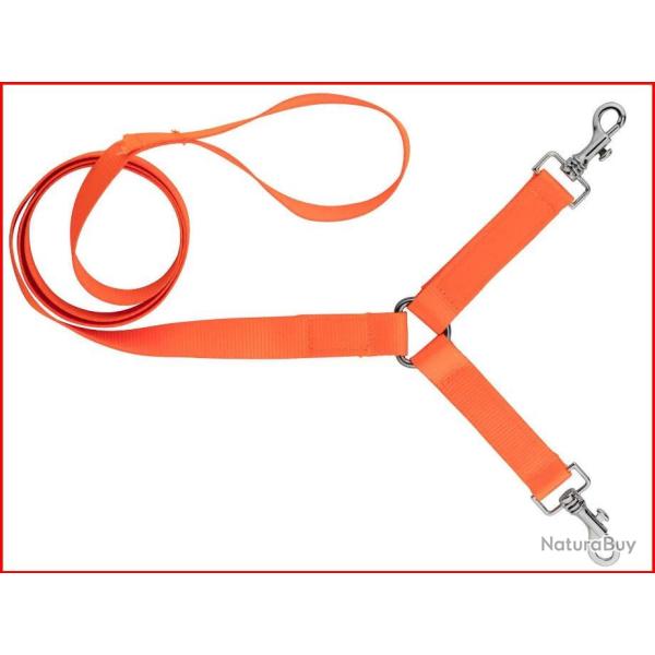 LAISSE 1,30 M SANGLE NYLON 2 CHIENS ORANGE FLUO - COUNTRY
