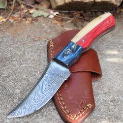 Couteau Skinner Lame Acier Damas 256 Couches Manche Bois/OS Etui Cuir Port Horizon Fab Artisanale