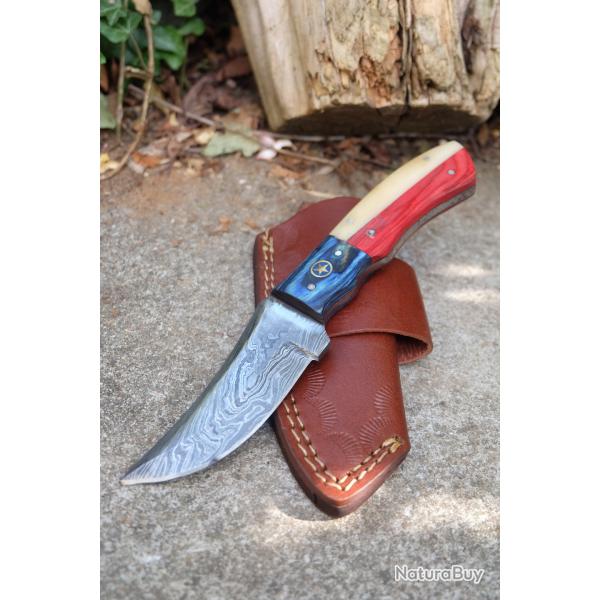 Couteau Skinner Lame Acier Damas 256 Couches Manche Bois/OS Etui Cuir Port Horizon Fab Artisanale