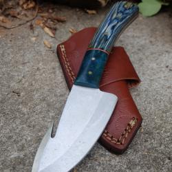 Couteau Skinner de Chasse Guthook Lame Acier Carbone 1055 Manche Bois/R&eacute;sine Etui Cuir Artisanat