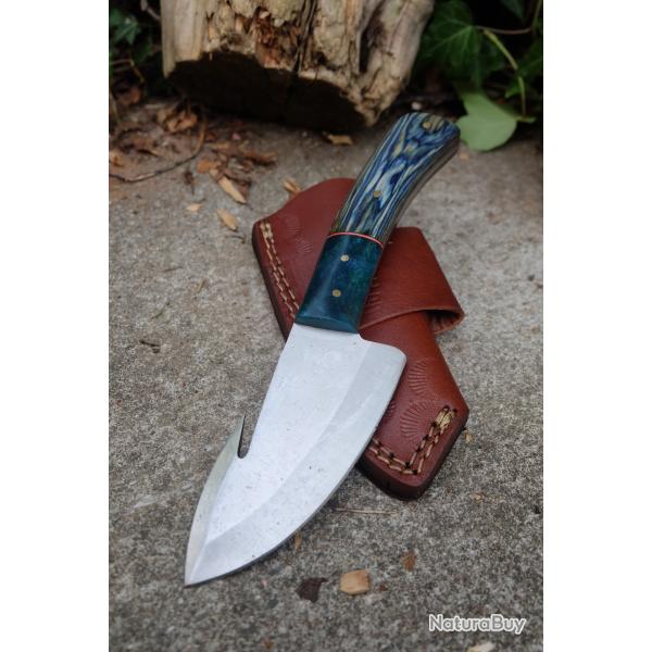 Couteau Skinner de Chasse Guthook Lame Acier Carbone 1055 Manche Bois/R�sine Etui Cuir Artisanat