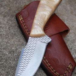 Couteau Skinner Lame Ancienne Scie &agrave; Bois Forg&eacute;e Manche R&eacute;sine Etui Cuir Port Horizon Fab Artisanale