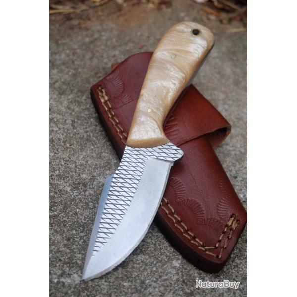 Couteau Skinner Lame Ancienne Scie � Bois Forg�e Manche R�sine Etui Cuir Port Horizon Fab Artisanale
