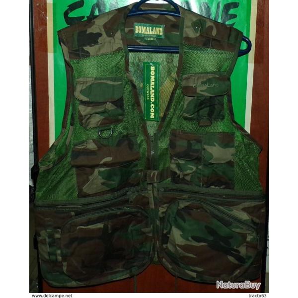 GILET LEGER GRILLAGE CAMOUFLAGE FEUILLAGE TYPE ARMEE FRANCAISE , POCHES A L'AVANT ET A L'ARRIERE� ,