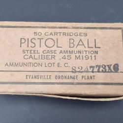 WW2 BOITE VIDE MUNITION CARTON PARACHUTAGE FRANCE 1944 PISTOL BALL CALIBER 45 ACP COLT 1911 EVANSVIL
