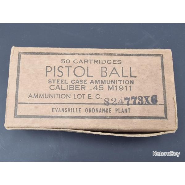WW2 BOITE VIDE MUNITION CARTON PARACHUTAGE FRANCE 1944 PISTOL BALL CALIBER 45 ACP COLT 1911 EVANSVIL
