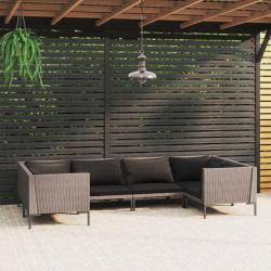 Salon de 6 pcs avec coussins R&eacute;sine tress&eacute;e Gris fonc&eacute;