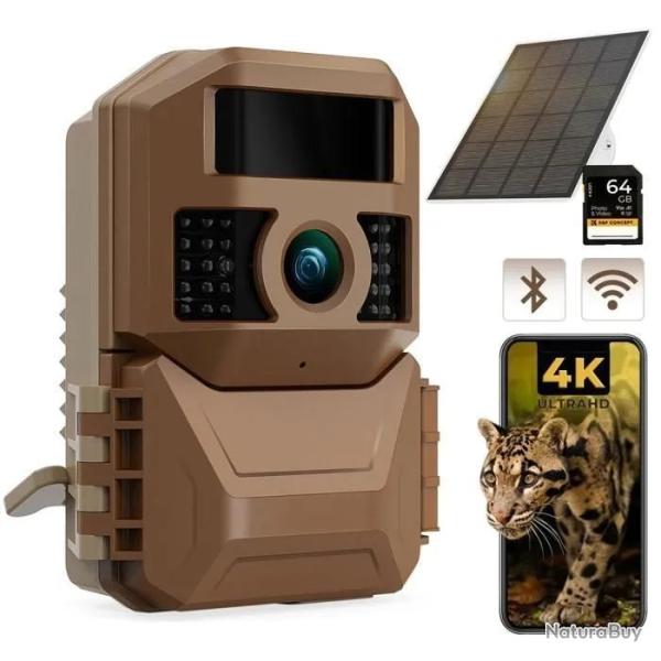 Cam�ra de Chasse WiFi 4K 48MP Solaire Batterie 6000mAh Carte SD 64Go Vision Nocturne Marron