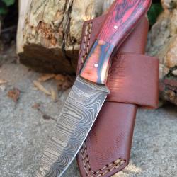Couteau Skinner Lame Acier Damas 256 Couches Manche 2 Bois Etui Cuir Port Horizon Fab Artisanale 00