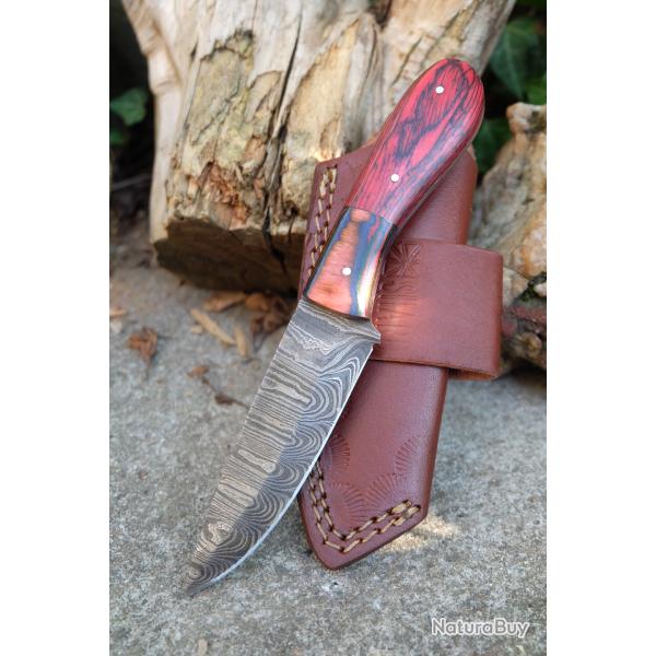 Couteau Skinner Lame Acier Damas 256 Couches Manche 2 Bois Etui Cuir Port Horizon Fab Artisanale 00
