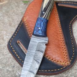Couteau Damas Lame Trailing Point Acier 256 Couches Manche 2 Bois Beau Etui Cuir Fab Artisanale