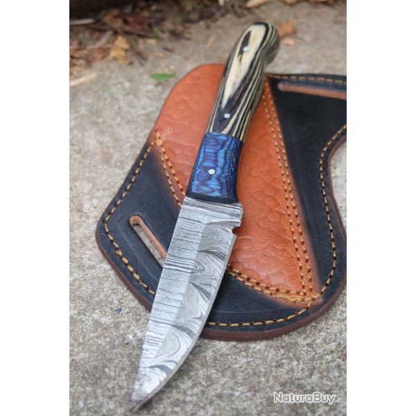 Couteau Damas Lame Trailing Point Acier 256 Couches Manche 2 Bois Beau Etui Cuir Fab Artisanale