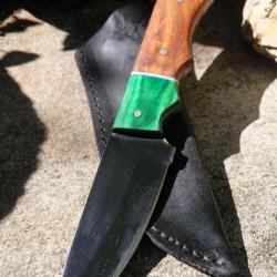 Couteau de Chasse Skinner Lame Drop Point Acier Carbone 1055 Blk Manche 2 Bois Etui Cuir F Artisan