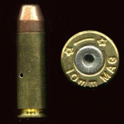 10 mm AUTO MAG - RARE - &eacute;tui 31.7 mm - balle tronconique - marquage : * --- * 10 mm MAG