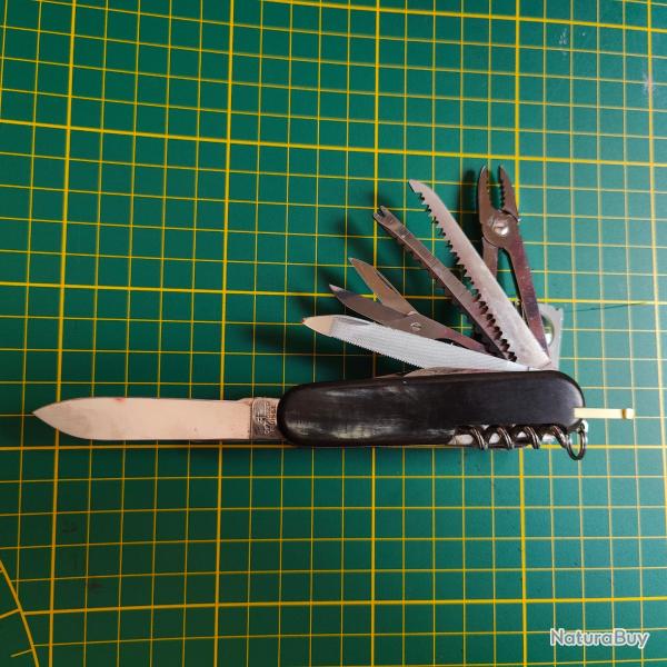 Rare Victorinox ancien canif couteau Officier Suisse multilames 17 outils, plaquettes corne