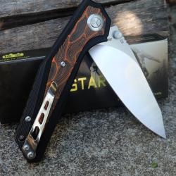 CouteauY-START Lame Drop Point Acier D2 Satin Manche G10 Orange/Noir Fa&ccedil;on Damas Liner Lock Clip