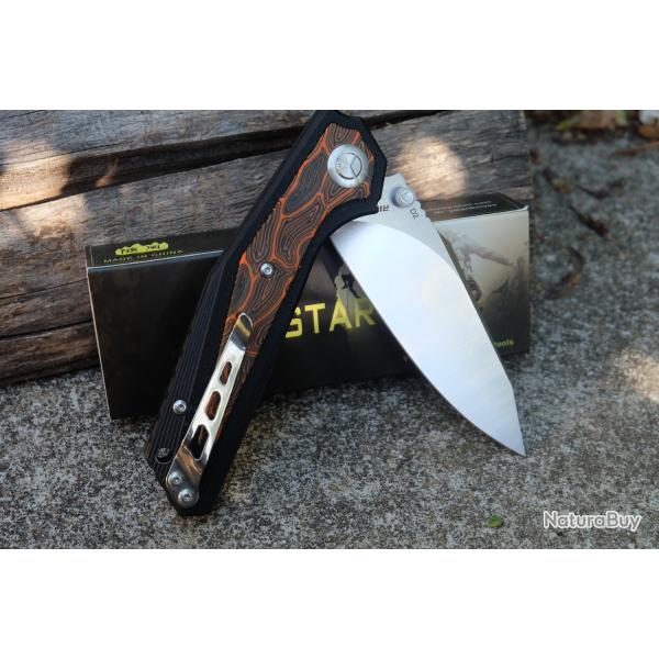 CouteauY-START Lame Drop Point Acier D2 Satin Manche G10 Orange/Noir Fa�on Damas Liner Lock Clip